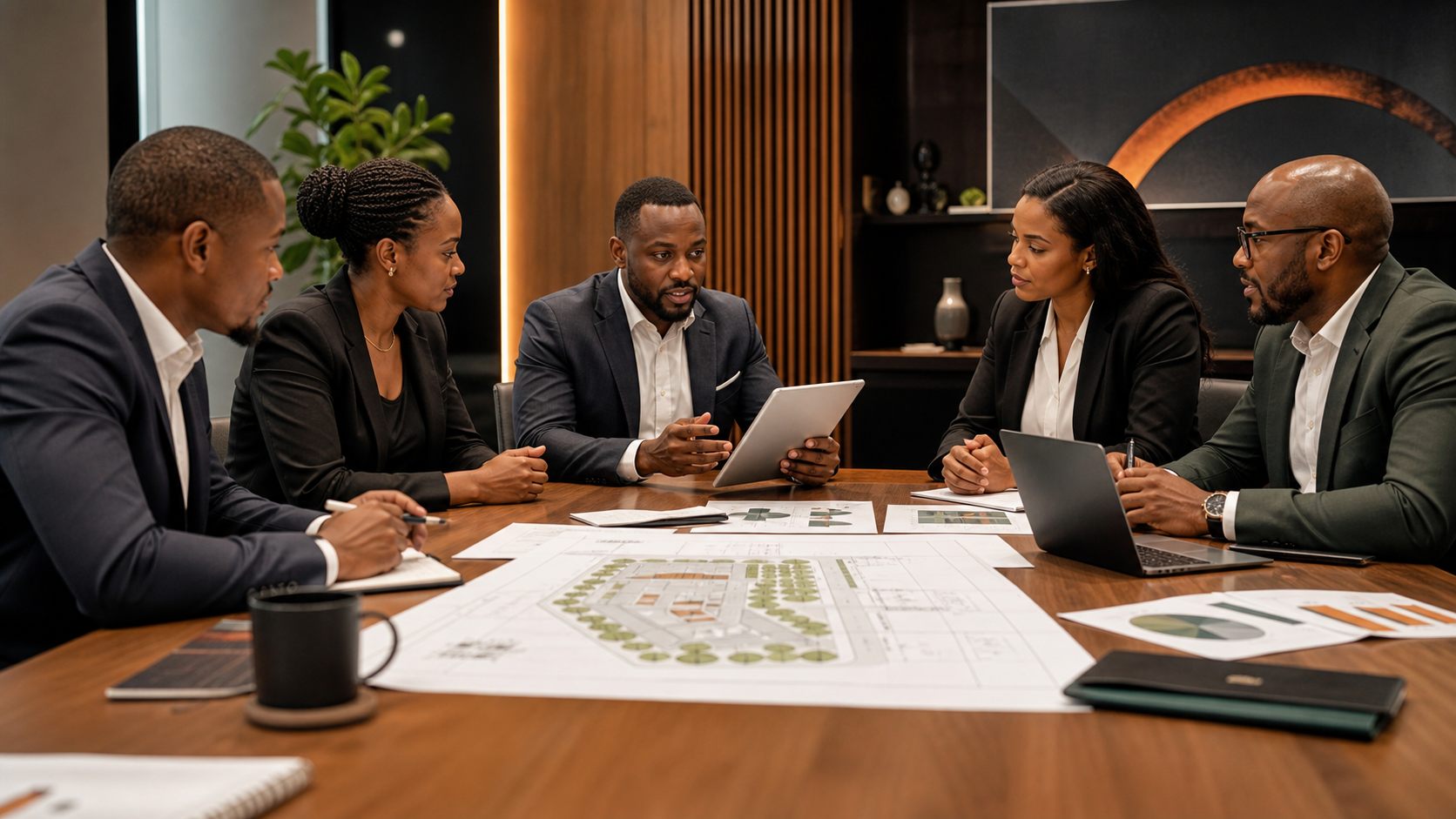 Investment team reviewing site plans and partnership documents